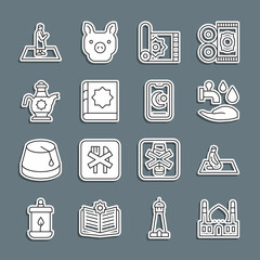 Set line Muslim Mosque, man prays, Wudhu, Traditional carpet, Holy book of Koran, Islamic teapot, and Star and crescent icon. Vector