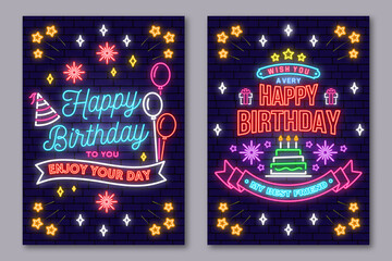 Happy Birthday to you. Enjoy your Day neon sign. Card, flyers, poster with bunch of balloons and birthday hat. Vector. Neon design for birthday celebration emblem. Night neon signboard. © sivvector