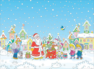 Santa Claus and a funny toy snowman with a Christmas fir tree and a magic bag of holiday gifts for little children in a snowy park of a pretty small town, vector cartoon illustration