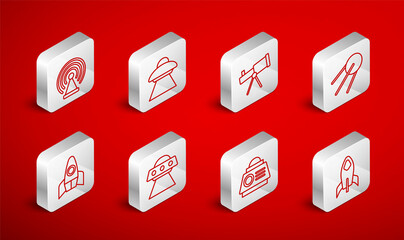 Set line Rocket ship, UFO flying spaceship, Telescope, Satellite, Space capsule, Radar, and icon. Vector