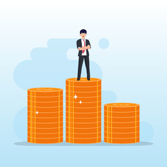 businessman stand up along the stack of coins. Business concept illustration vector.