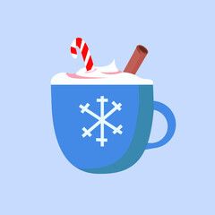 Hand drawn cup of hot chocolate or coffee decorated by cream,cinammon and candy cane. Vector icon in flat style isolated on blue