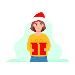 Young girl smiling in Santa hat holds Christmas gift box. Single vector illustration isolated in white. Element design for card, postcard, greeting card, flayer, poster, calendar