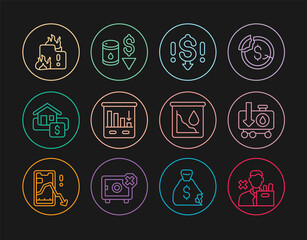 Set line Employee dismissal, Drop in crude oil price, Dollar rate decrease, Pie chart infographic, Hanging sign with Sale, Fire burning house, and icon. Vector