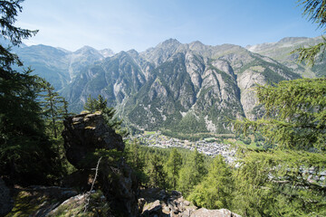 landscape and view of the matter valley from the europa hiking trail. The hiking trail goes from...
