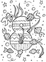 Children's coloring book. Hand-drawn doodle vector illustration with numbers and animals. Eight fish swim in the sea with algae and bubbles.