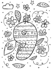 Children's coloring book. Hand-drawn doodle vector illustration with numbers and animals. Nine bees fly with leaves and flowers.