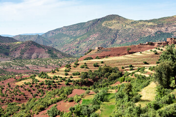 In the Atlas Mountains in Morocco. A village and a farm dominate the terraced crops on the slopes...