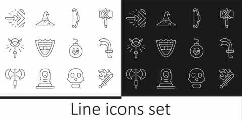Set line Sword for game, Medieval bow, Shield, Magic staff, arrow, Bomb ready to explode and Witch hat icon. Vector