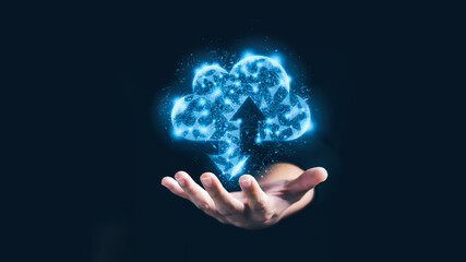 Businessman hold virtual cloud computing, data transfer and cloud computing, technology concept of the future.