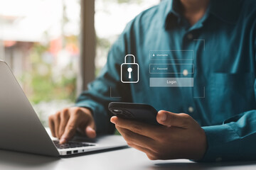 Cybersecurity and privacy concepts to protect data. Lock icon and internet network security...