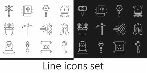 Set line Old key, Medieval helmet, chained mace ball, Pickaxe, Quiver with arrows, Magic and Holy bible book icon. Vector