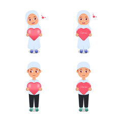 Girl and boy holding hearts in a set. white background