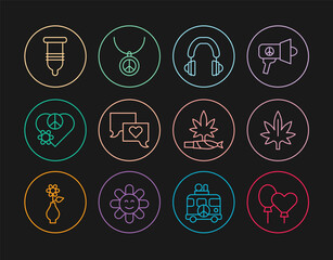 Set line Balloons, Marijuana, Headphones, Speech bubble chat, Love peace, Condom, joint, spliff and Necklace with symbol icon. Vector