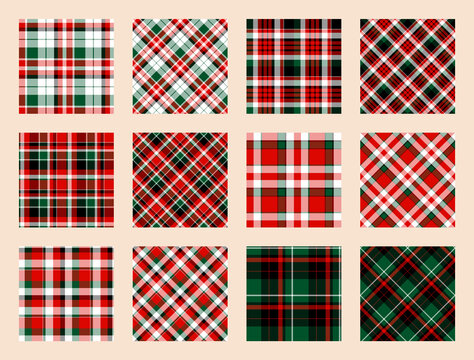 Christmas Pattern seamless of green, red and white vector plaid. Set Holiday background for greeting card, wrapping paper print or winter decor wallpaper.