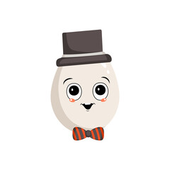 Cute egg character with happy emotions, joyful face, smile eyes, with bow and hat. Festive decoration for Easter. A mischievous culinary hero. Vector flat illustration