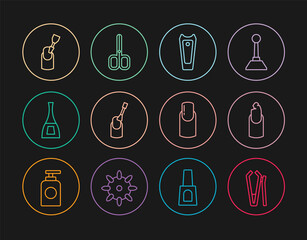 Set line Nail cutter, Broken nail, manicure, Bottle of polish, Milling for, and scissors icon. Vector