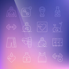 Set line Dumbbell, Locker or changing room, Stationary bicycle, Location gym, Weight, Hoodie and Heart rate icon. Vector