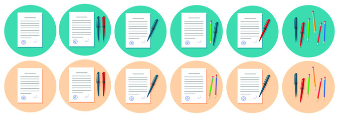 Writing text letter content on paper document sheets via pen and pencil  flat cartoon illustration, idea of book or essay creation, note message pages image
