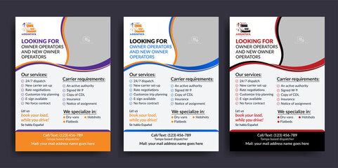 Modern dispatch trucking company freight broker flyer, truck dispatcher logistics flyer template, transport service flyer design template, owner-operators independent freight flyer