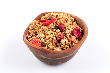 Muesli oat cereals close up background with dry fruits