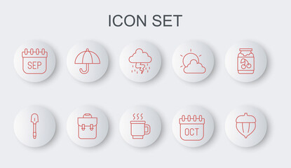Set line Acorn, Shovel, Storm, October calendar autumn, September, Umbrella, School backpack and Cup of tea icon. Vector