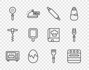 Set line Microwave oven, Oven, Rolling pin, Broken egg, Spatula, Cutting board, Fork and Barbecue fork icon. Vector