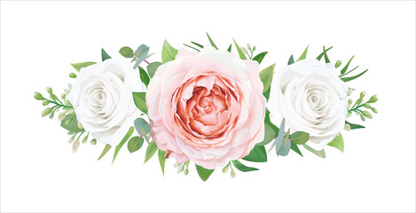 Delicate trendy editable vector bouquet. Blush pink garden rose, ivory white flowers, greenery leaves, green eucalyptus branch garland, border. Wedding invite, greeting, save the date designer element