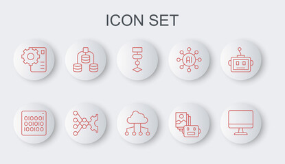 Set line Computer monitor, Binary code, Algorithm, Artificial intelligence robot, Neural network, Server, Data, and Network cloud connection icon. Vector