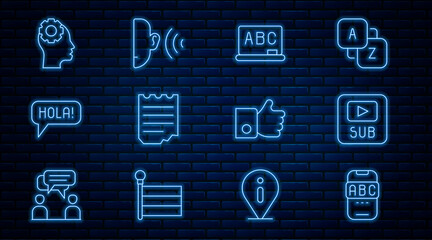 Set line Foreign language online study, Video with subtitles, Chalkboard, Notebook, Hola different languages, Head gear inside, Hand like and Ear listen sound signal icon. Vector © vector_v