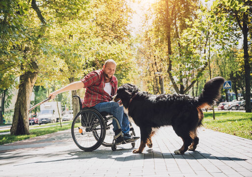 Happy young man with a physical disability in a wheelchair with his dog.