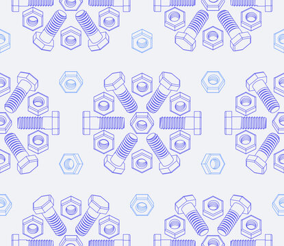 Christmas seamless pattern of bolts and nuts laid out in the shape of snowflakes. Isometric contour 3D drawing of fasteners. Vector background for construction tools store, technical support and other
