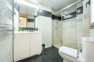Large bathroom with mirror and shower with screen in vacation rental apartment