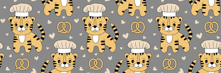 Tiger chef with a hat. Seamless pattern. Pretzel and hearts. Cartoon illustration. Chinese New year 2022 horoscope. Animal symbol color vector