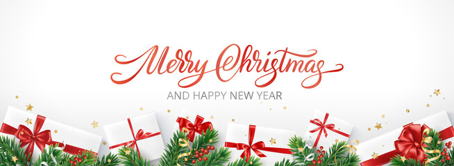 Christmas banner with decorated fir tree branches and presents on white background. Gift boxes with red ribbons. Merry Christmas text. For New Year and winter holiday cards, headers, gift certificates