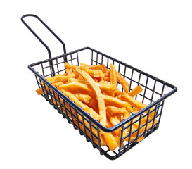  Steel basket of french fried potatoes isolated over white background
