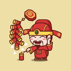 cute cartoon caishen god in chinese new year with firecracker. vector illustration for mascot logo or sticker