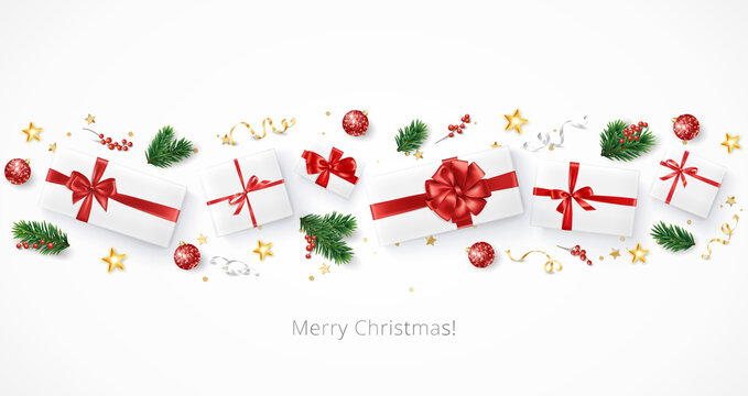 Christmas composition, realistic vector. Presents with red bows on white background. Festive holiday decoration. Fir tree branch, gift box. For winter sale banners, headers, websites, party posters.