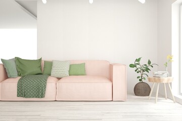 White living room with sofa. Scandinavian interior design. 3D illustration