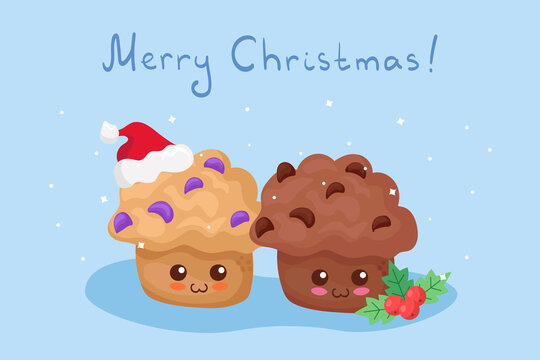 Cute vector illustration of Chocolate and Raisins muffins in Christmas style with snow. Cartoon happy food characters. Adorable comic fabric print, holiday greeting card, poster. Kawaii Xmas drawing.