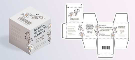 Design of the cosmetic packaging template. Cut. Cosmetic cream mask with herbs in a closed box. Realistic 3D model.