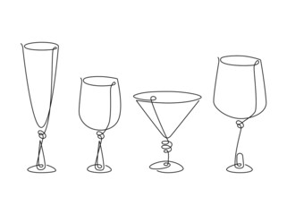 Set of glass goblets for wine and drinks. Isolated on white background. Continuous line drawing illustration.