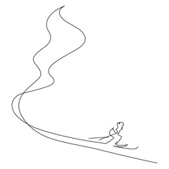 Alpine skier going downhill. Ski slope. Continuous line drawing illustration. - 473121597