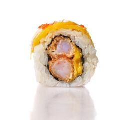  Single shrimp uramaki sushi isolated on white background