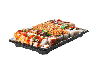  Delivery tray of uramaki sushi isolated on white background