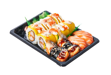  Delivery tray of sushi food isolated on white background