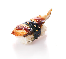  Single unagi nigiri sushi isolated on white background
