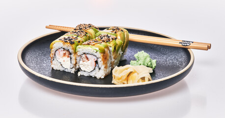  Plate of shrimp and cheese cream uramaki sushi on a marble surface
