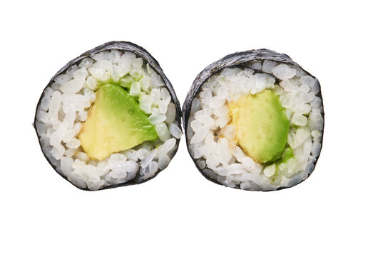  Group of avocado sushi maki isolated on white background