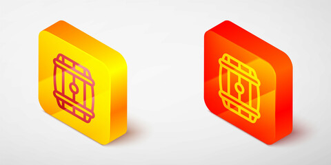 Isometric line Wooden barrel icon isolated on grey background. Alcohol barrel, drink container, wooden keg for beer, whiskey, wine. Yellow and orange square button. Vector